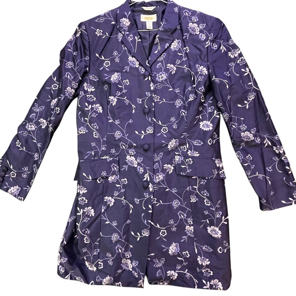 Talbots Pant Suit Womens 8 Blue Pure Silk Floral Jacket Pants Set Formal